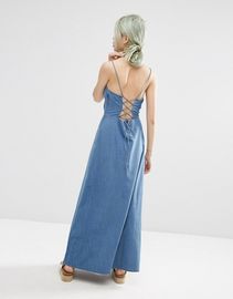 Maxi Dress With Tie Back in Washed Cotton Tie Fastening Denim One Piece Dress LC3029-G