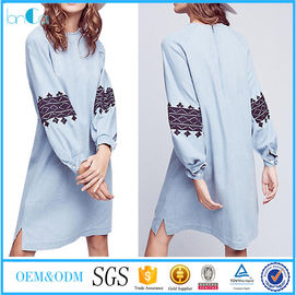 Latest long sleeve spring women blue embroidered t shirt dress