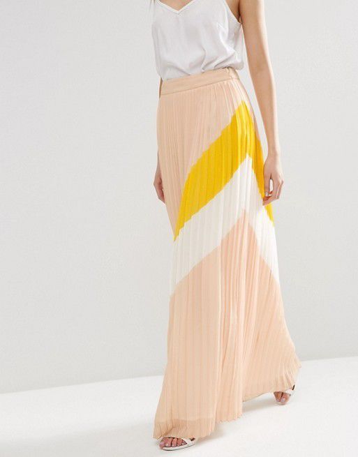 Elegant Pleated Women Maxi Skirt with Colour-block Print