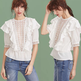 2017 Women white blouse ruffle trim round neck shirts for women